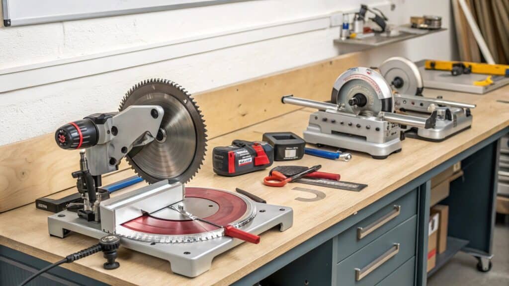 Tools for cutting aluminum tubing: hacksaw, tube cutter, miter saw blade